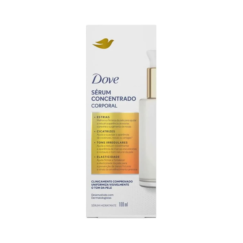 Frasco do Sérum Corporal Dove Concentrado 100ml em destaque sobre fundo claro.